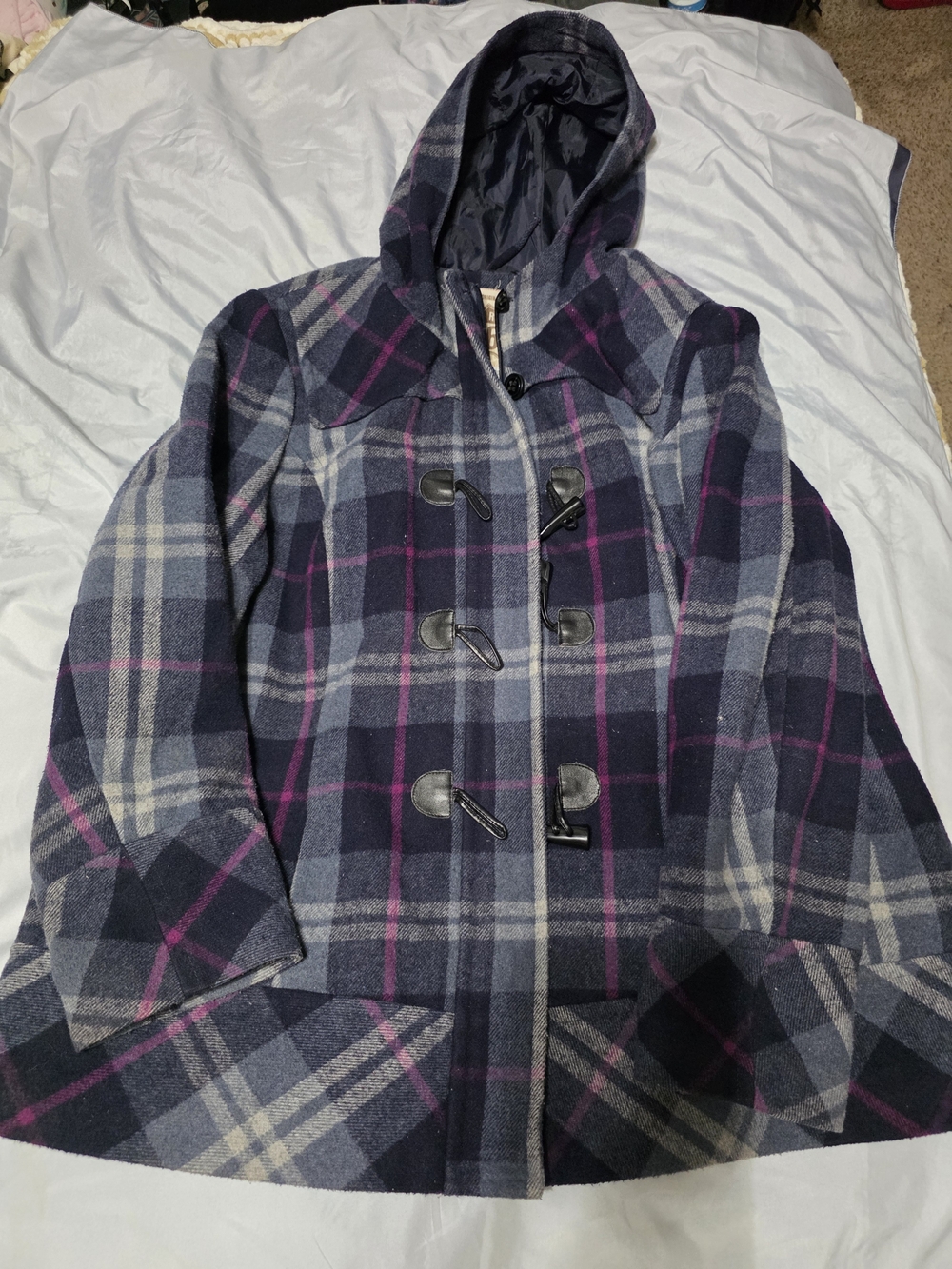 Route 66 Navy Plaid Hooded Toggle Coat with Purple Accents